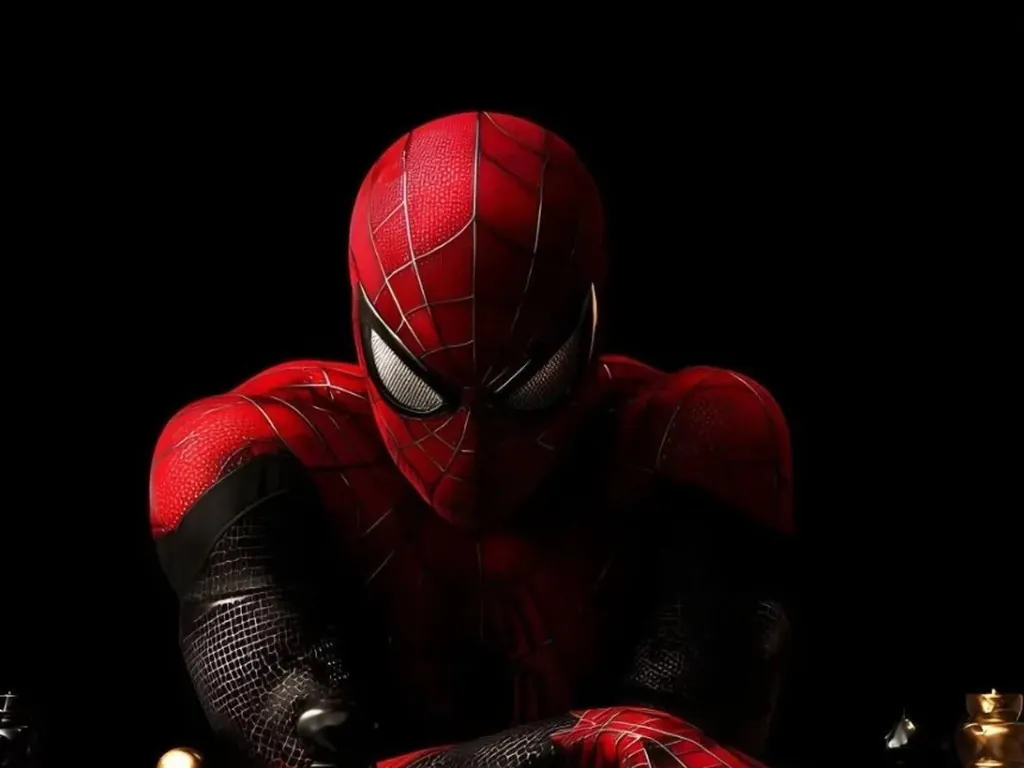 Masked hero in red and black against a dark backdrop